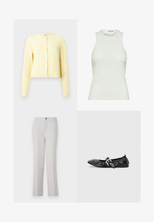 Gelber gerippter Cardigan mit langen Ärmeln, runden Ausschnitt und fünf Knopfverschlüssen an der Vorderseite. Weiche Textur mit cropped Passform.; Ärmelloses weißes geripptes Tanktop mit rundem Ausschnitt von Selected Femme, zeigt Vorderansicht ohne Muster oder Dekorationen.; Hellegraue gerade geschnittene Hose aus glattem Stoff, mit einer Frontknopfverschluss, seitlichen Taschen und einer taillierten Passform.; Schwarze Leder-Ballerinas mit spitzem Zehenbereich, gerafften Details am Schaft und einem silbernen Schnallenakzent am verstellbaren Riemen.