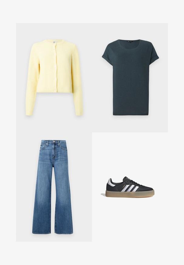Cárdigan amarillo con canalé, de mangas largas, escote redondo y cinco botones en la parte delantera. Textura suave y ajuste cropped.; Camiseta de manga corta gris oscuro con cuello redondo, textura suave y mangas enrolladas, con un diseño simple y sin adornos.; Jeans de tiro alto y de pierna ancha en azul, con cierre de botón y cremallera, bolsillos frontales y un sutil desvanecimiento en la tela.; Zapatilla deportiva de cuero negro con tres rayas plateadas, punta texturizada y suela de goma. Cuenta con un collar acolchado y un diseño con cordones.