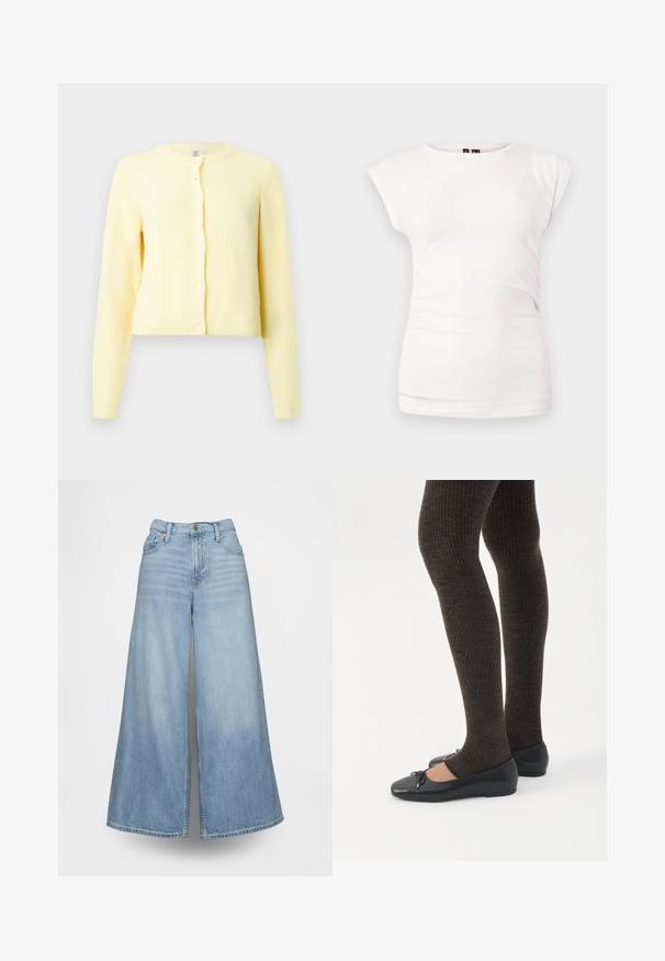 Cárdigan amarillo con canalé, de mangas largas, escote redondo y cinco botones en la parte delantera. Textura suave y ajuste cropped.; Camiseta blanca ajustada de manga corta y cuello redondo sobre fondo liso, con un ligero detalle fruncido en el lateral.; Vaqueros de pierna ancha azul claro hechos de denim, con cintura alta, bolsillos delanteros y cierre de botones. La tela tiene un lavado desgastado.; Piernas con leggings oscuros acanalados combinados con bailarinas negras que presentan pequeños detalles de lazo sobre un fondo blanco.