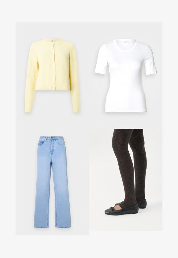 Cárdigan amarillo con canalé, de mangas largas, escote redondo y cinco botones en la parte delantera. Textura suave y ajuste cropped.; Camiseta blanca de manga corta hecha de algodón liso, con escote redondo y forma ajustada. Diseño clásico, sin estampados ni adornos.; Jeans de tiro alto en azul claro con un diseño de pierna ancha, hechos de mezclilla. Presentan costuras prominentes y un estilo de cinco bolsillos.; Piernas con leggings oscuros acanalados combinados con bailarinas negras que presentan pequeños detalles de lazo sobre un fondo blanco.