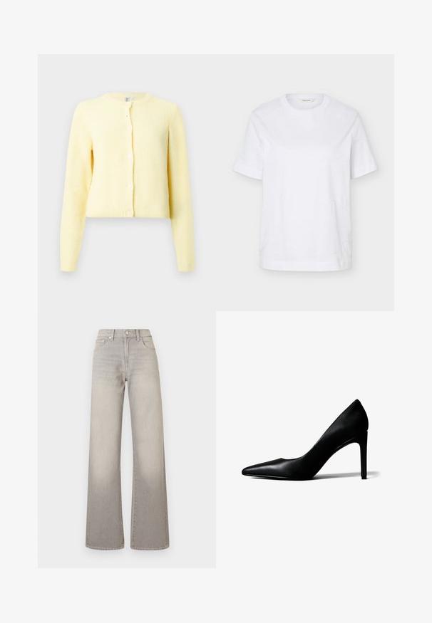 Gul ribbet cardigan med lange ærmer, rund halsudskæring og fem knaplukninger foran. Blød tekstur med en cropped pasform.; Hvid T-shirt med korte ærmer og rund hals med subtilt syet bølgemønster og et lille beige mærke inde i kraven.; Grå vide ben jeans med en falmet finish, knaplukning, fem-lomme design og syede detaljer langs sømmene.; Sort læder damesko med spids tå og høj, slank stilet-hæl på hvid baggrund.