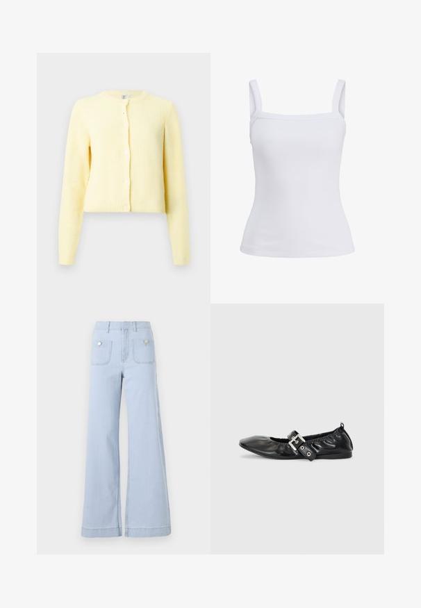 Cárdigan amarillo con canalé, de mangas largas, escote redondo y cinco botones en la parte delantera. Textura suave y ajuste cropped.; Camiseta sin mangas blanca con textura acanalada, tirantes anchos y escote recto, mostrada sobre un fondo liso.; Jeans de pierna ancha azul claro, confeccionados en denim, con una cintura alta, grandes bolsillos frontales y detalles metálicos en los bolsillos traseros.; Zapato plano de piel negra con puntera afilada, detalle fruncido alrededor de la abertura y un acento de hebilla plateada en la correa ajustable.