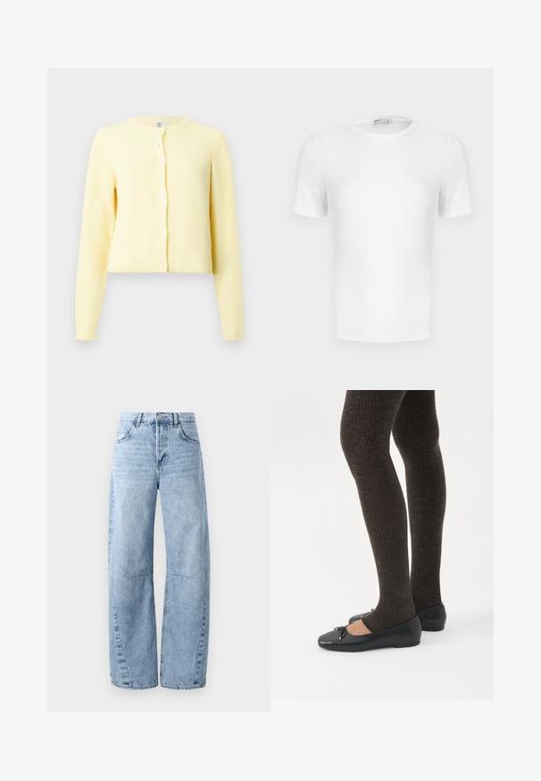 Cardigan jaune à côtes avec manches longues, encolure ronde et cinq boutons sur le devant. Texture douce avec une coupe cropped.; T-shirt blanc à manches courtes, côtelé, col rond avec une coupe ajustée et une petite étiquette de marque à l'intérieur du col.; Jeans en denim bleu clair à jambes larges, dotés d'une taille haute, de cinq poches et d'un léger dégradé. Les jambes présentent des coutures et des seams visibles.; Jambes portant des leggings côtelés foncés associés à des ballerines noires avec de petits détails en nœud sur fond blanc.