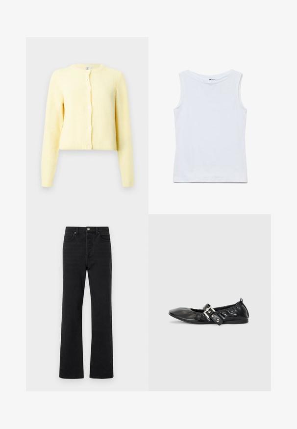 Žltý rebrovaný cardigan s dlhými rukávmi, okrúhlym výstrihom a piatimi gombíkmi pozdĺž prednej strany. Mäkká textúra s cropped strihom.; Biele bavlnené tielko bez rukávov so širokým okrúhlym výstrihom a rovnými lemy, zobrazené na bielom pozadí.; Čierne denimové džínsy s rozšírenými nohavicami, piatimi vreckami, predným zapínaním na gombík a nenápadnými detailmi šitia. Mäkčený materiál s minimálnym opotrebovaním.; Čierna kožená plochá obuv s špicatou špičkou, zberaným detailom okolo otvoru a strieborným prackovým akcentom na nastaviteľnom remienku.