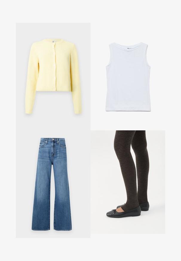 Cardigan jaune à côtes avec manches longues, encolure ronde et cinq boutons sur le devant. Texture douce avec une coupe cropped.; Haut blanc sans manches en coton avec un large col rond et un ourlet droit, présenté à plat sur un fond blanc.; Jean large à taille haute bleu avec fermeture à bouton et à zip, poches avant et décoloration subtile sur le tissu.; Jambes portant des leggings côtelés foncés associés à des ballerines noires avec de petits détails en nœud sur fond blanc.