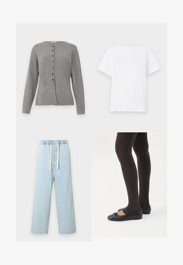 Lys grå strikket cardigan med lange ærmer og rund hals, der har syv mørke knapper foran.; Hvid t-shirt med korte ærmer lavet af bomuldsstof. Har en rund hals, afslappet pasform og en glat struktur uden mønstre eller dekorationer.; Lyseblå denimbukser med vide ben, elastisk taljebånd og cremefarvet snøre. Har en glat tekstur og rene syninger ved kanten.; Ben iført mørke ribbede leggings kombineret med sorte balletsko med små sløjfedetaljer på hvid baggrund.