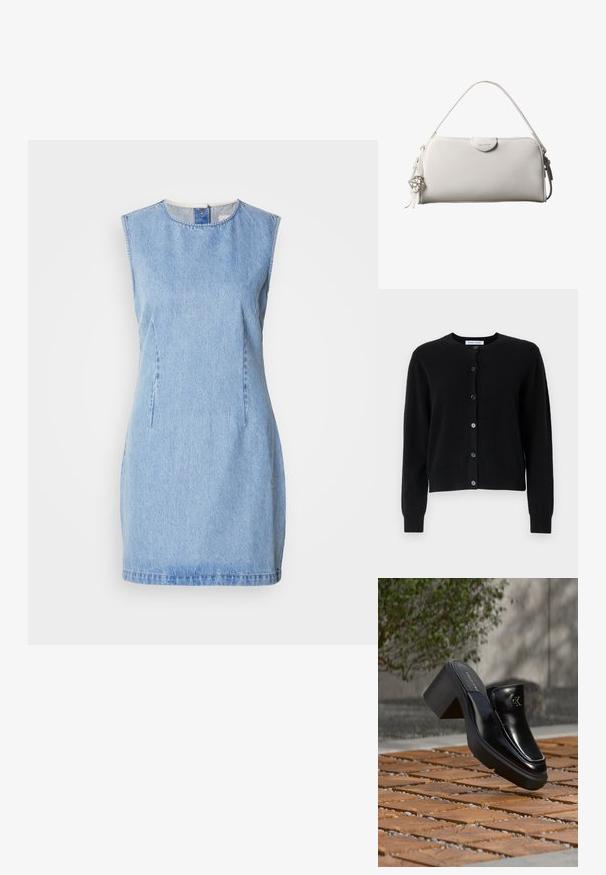 Μαύρο cardigan από μαλακό ύφασμα, με στρογγυλή λαιμόκοψη, μακριά μανίκια και έξι κουμπιά που κλείνουν μπροστά. Απλός σχεδιασμός, χωρίς σχέδια.; Δερμάτινο φόρεμα σε ανοιχτό μπλε, χωρίς μανίκια, με στρογγυλή λαιμόκοψη και λεπτομέρειες στις πλευρές. Διαθέτει ίσια γραμμή και ελαφριά υφή.; Μαύρο δερμάτινο slip-on mule από Calvin Klein με χοντρό τακούνι που ακουμπά σε ξύλινα πλακάκια σε εξωτερικό χώρο κοντά σε ένα πράσινο φυτό και γκρίζο τοίχο.; Λευκή ορθογώνια τσάντα Calvin Klein με μονό χερούλι, μίνιμαλ σχεδιασμό και διακοσμητικά φουντάκια με γεωμετρικό μεταλλικό γούρι στην πλευρά.