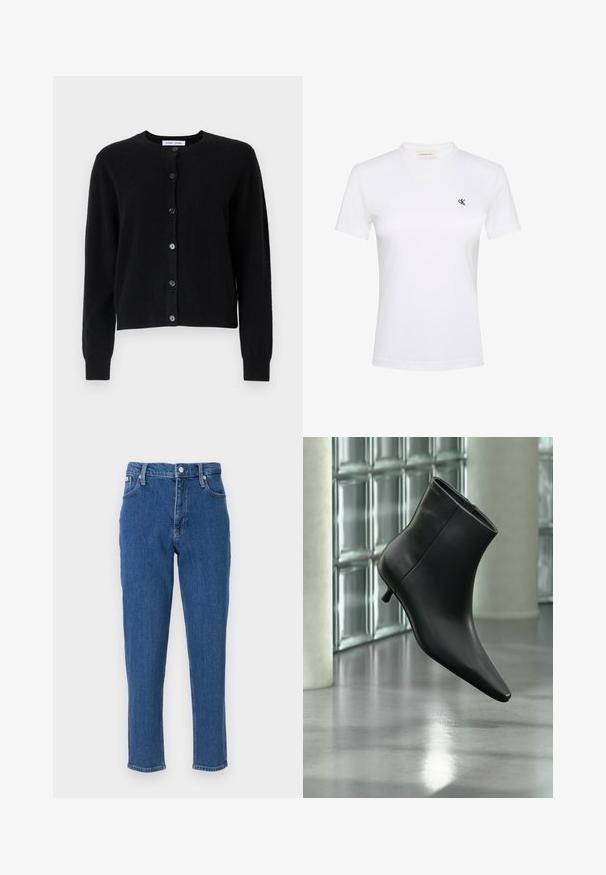 Μαύρο cardigan από μαλακό ύφασμα, με στρογγυλή λαιμόκοψη, μακριά μανίκια και έξι κουμπιά που κλείνουν μπροστά. Απλός σχεδιασμός, χωρίς σχέδια.; Λευκό T-shirt με κοντά μανίκια και στρογγυλή λαιμόκοψη με μικρό μαύρο λογότυπο "cK" στο αριστερό στήθος και ετικέτα Calvin Klein Jeans στο εσωτερικό του γιακά.; Μπλε τζιν παντελόνι με ψηλή μέση, κλείσιμο με φερμουάρ, πέντε τσέπες, ίσια πόδια και μια αδιακριτη ξεθωριασμένη υφή, με καθαρό τελείωμα στο στρίφωμα.; Μαύρο δερμάτινο μποτάκι αστραγάλου με μυτερή μύτη και χαμηλό τακούνι τύπου kitten heel, εμφανίζεται σε γωνία μπροστά σε γυαλισμένο πάτωμα και τοίχο από γυάλινους τούβλους.