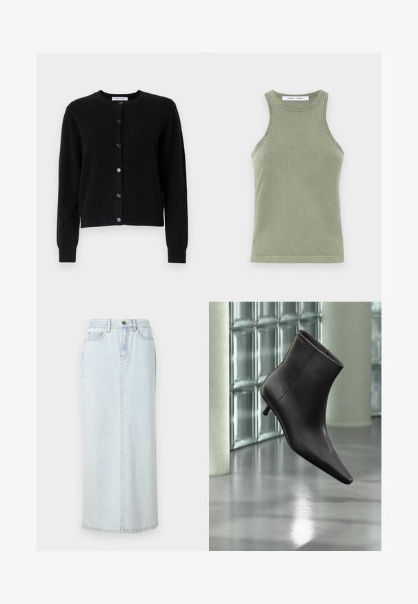 Sort cardigan lavet af blødt stof, med rund halsudskæring, lange ærmer og seks knaplukninger foran. Simpelt design, ingen mønstre.; Olivengrøn tanktop lavet af blødt bomuld, med rund halsudskæring, ærmeløs design og syede kanter. Enkel, tætsiddende form.; Lyseblå denim maxi-nederdel med lige design, frontknaplukning og synlige syninger. Har to frontlommer.; Sort læderankelstøvle med spids tå og lille hæl vist mod en væg af glasblokke og poleret gulv baggrund.