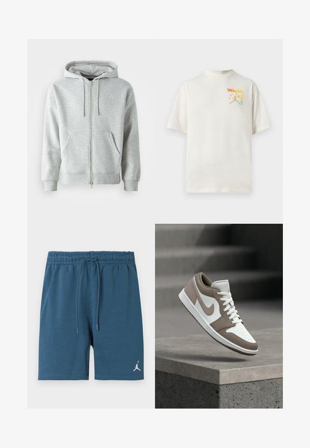 Grå zip-up hættetrøje med snørebånd i hætten, der har sidelommer, ribbede manchetter og et diskret logo på brystet. Blød stoftekstur.; Hvid kortærmet t-shirt med lille multifarvet "World Tour" tekst og silhuet af en springende person omgivet af stjerner på brystet.; Blå bomuldsshorts med elastisk linning og justerbar snøre. Har en hvid Jumpman-logo på nederste venstre side.; Hvid og taupe lavtaske sneaker med snørebånd, mellemsål og Nike-logo hævet over en betonbalkon med trapper i baggrunden.