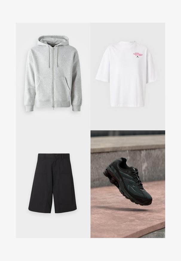 Sweat à capuche zippé gris avec cordon de serrage, doté de poches latérales, de poignets côtelés et d'un logo discret sur la poitrine. Texture de tissu douce.; T-shirt blanc à manches courtes avec un petit logo "JORDAN" rose et rouge et une silhouette Jumpman noire sur la poitrine gauche.; Shorts cargo noirs en tissu léger, dotés d'une fermeture à bouton et de deux poches avant, avec un design épuré à coupe droite.; Baskets athlétiques noires avec une semelle intercalaire à coussin d’air visible flottant au-dessus d’une surface en pierre rose avec un mur en pierre gris en arrière-plan.