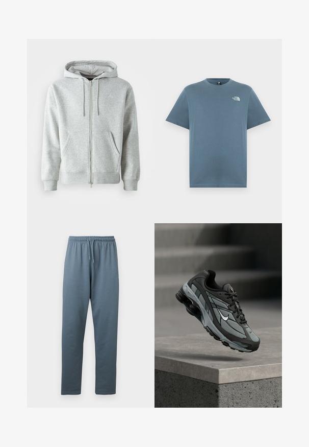 Sweat à capuche zippé gris avec cordon de serrage, doté de poches latérales, de poignets côtelés et d'un logo discret sur la poitrine. Texture de tissu douce.; T-shirt bleu à manches courtes et col rond avec petit logo blanc The North Face sur la poitrine gauche.; Pantalon de survêtement à taille élastique bleu-gris avec cordon de serrage ajustable et jambes droites, présenté sur un fond blanc.; Baskets athlétiques grises et noires avec panneaux en mesh et semelle épaisse, positionnées en plein air au-dessus d'un rebord en béton avec des escaliers en arrière-plan.