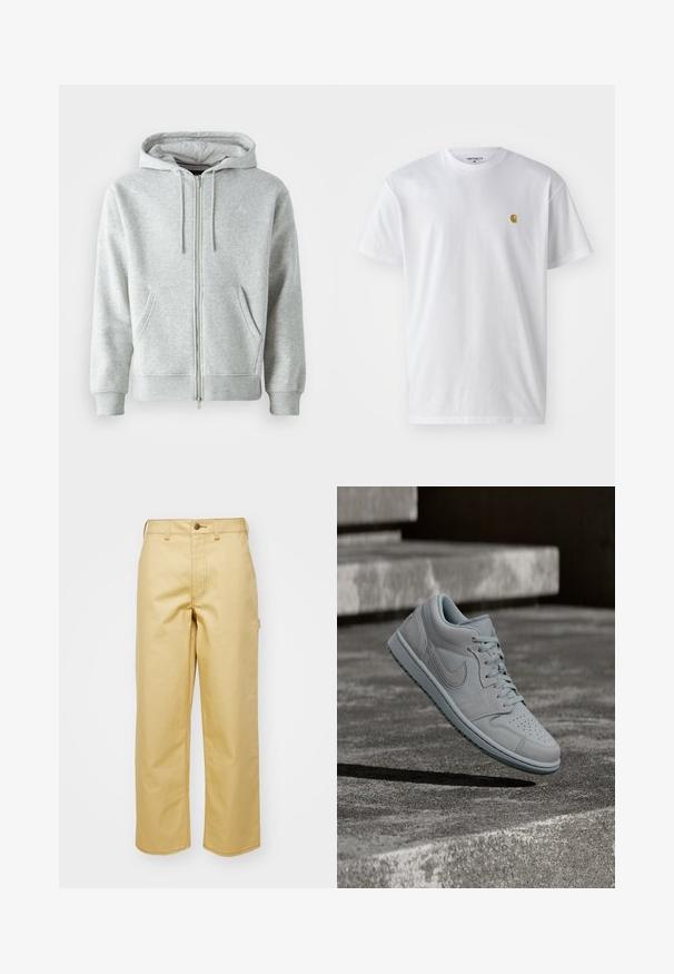Sweat à capuche zippé gris avec cordon de serrage, doté de poches latérales, de poignets côtelés et d'un logo discret sur la poitrine. Texture de tissu douce.; T-shirt en coton blanc à manches courtes, col rond, avec un petit logo doré sur la poitrine gauche. Texture douce et coupe régulière.; Pantalons larges beiges en coton avec une fermeture à bouton à l'avant, des passants de ceinture et des poches latérales. Texture lisse avec des détails de coutures visibles.; Baskets Nike gris clair flottant au-dessus de marches en béton brut avec des ombres soulignant leurs contours et leur texture.