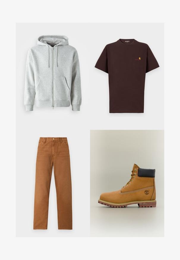 Grå zip-up hættetrøje med snørebånd i hætten, der har sidelommer, ribbede manchetter og et diskret logo på brystet. Blød stoftekstur.; Brun bomulds t-shirt med korte ærmer, rund halsudskæring, logo på venstre bryst i orange og rød, lige kant og afslappet pasform.; Brune bukser med lige ben, bæltestropper, forlommer og knaplukning, vist på en ensartet lys baggrund.; Brun læderankelstøvle med sort krave, gule snørebånd og tanfarvet sål. Har logo og hvide syninger som detalje. Robust ydersål med greb.