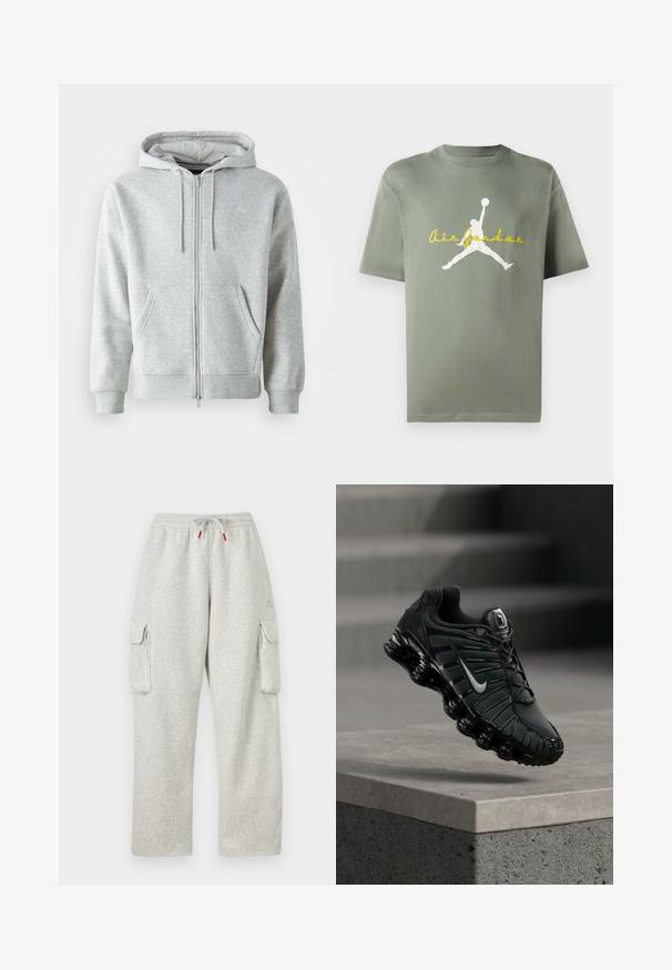 Grå zip-up hættetrøje med snørebånd i hætten, der har sidelommer, ribbede manchetter og et diskret logo på brystet. Blød stoftekstur.; Olivengrøn bomulds T-shirt med rund hals, der har et hvidt Air Jordan logo og gul tekst nedenfor. Korte ærmer, afslappet pasform.; Lysegrå joggingbukser med elastisk talje, snor med røde ender og store klaplommer på begge lår.; Sort og mørkegrå Nike løbesko med hvid swoosh-logo, svævende over en betonafdækning med trapper i baggrunden.