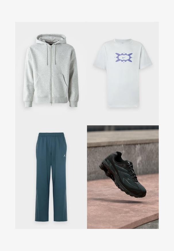 Grå zip-up hættetrøje med snørebånd i hætten, der har sidelommer, ribbede manchetter og et diskret logo på brystet. Blød stoftekstur.; Hvid bomuldst-shirt med en løs pasform, med et lilla grafisk motiv i midten, omgivet af en bølget kontur. Korte ærmer.; Mørk teal atletiske bukser med elastisk talje, to sidelommer, hvide sidelommer og et lille logo på venstre lår.; Sort atletisk sneaker med synligt luftdæmpende mellemsål, der svæver over en pink stenoverflade med en grå stenvæg i baggrunden.