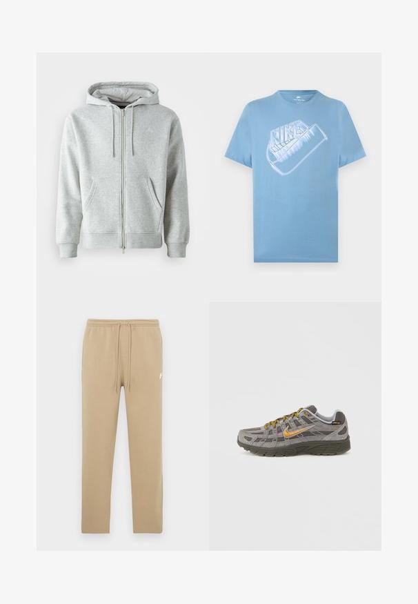Grå zip-up hættetrøje med snørebånd i hætten, der har sidelommer, ribbede manchetter og et diskret logo på brystet. Blød stoftekstur.; Lyseblå kortærmet Nike T-shirt med stor stiliseret hvid Nike-logo og swoosh-grafik på brystet.; Beige sweatpants med elastisk talje og snøre, med lille hvid Nike-logo på øvre venstre lår.; Grå ruskindssneaker med gyldne accenter, teksturerede paneler og matchende snørebånd. Har en polstret sål og logodetalje på siden.