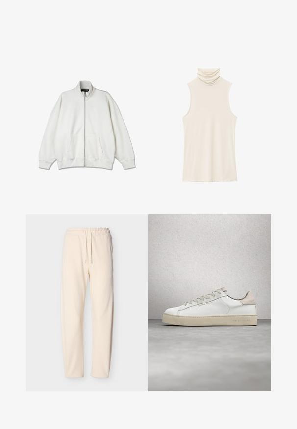 Hvid lynlås sweatshirt lavet af blødt stof, med høj krave, store lommer og en afslappet pasform. Diskret branding på brystet.; Kremfarvet ærmeløs top med en høj, draperet krave. Lavet af blødt, glat stof med en let, elastisk tekstur og uden pynt.; Svedbukser i cremefarve lavet af blødt stof, med elastisk talje med snore og smalle ben. Ingen synlige mønstre eller detaljer.; Hvide lædersneakers med en glat overflade, beige ruskindsdetaljer, rund tå, flad snørebåndsdesign og en struktureret gummisål.