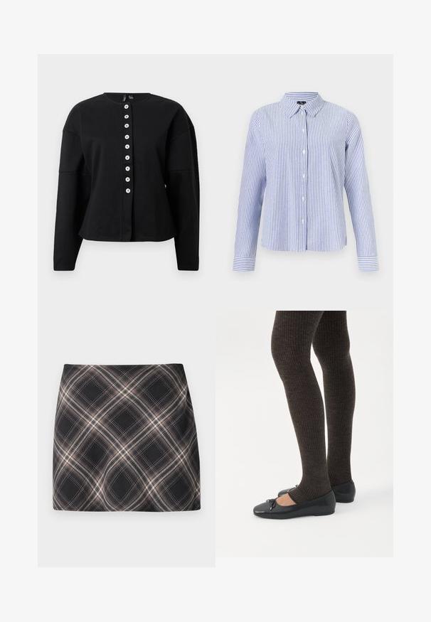Chaqueta negra de manga larga hecha de tejido texturizado, con un cuello redondo y una tapeta central de botones con botones blancos.; Camisa de manga larga con botones, con rayas verticales blancas y azul claro y cuello puntiagudo, mostrada sobre un fondo liso.; Minifalda a cuadros en negro y beige con patrón de cuadros diagonal, cintura ajustada y textura de tela suave.; Piernas con leggings oscuros acanalados combinados con bailarinas negras que presentan pequeños detalles de lazo sobre un fondo blanco.