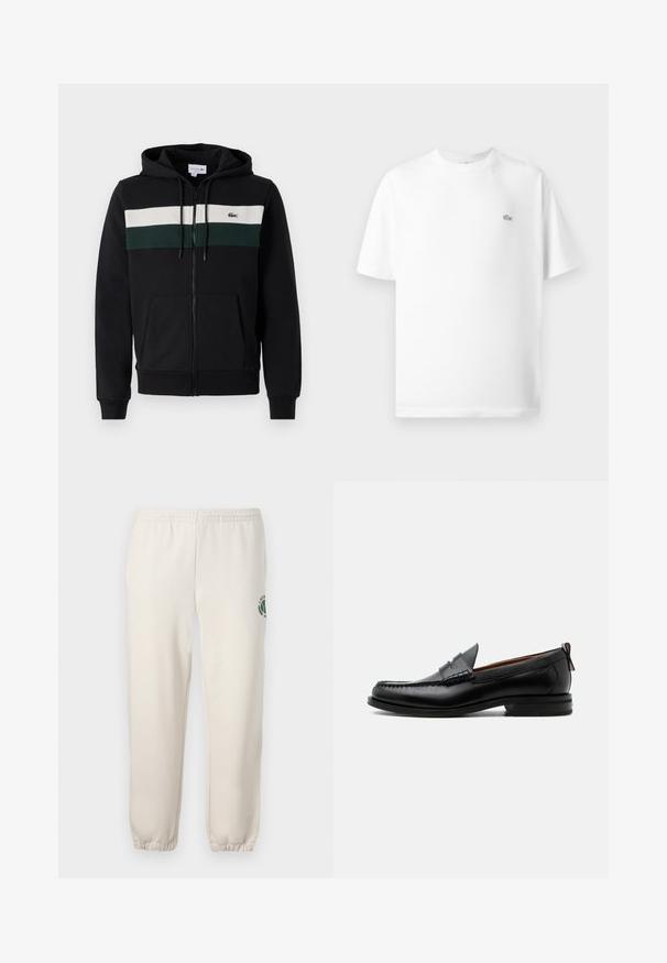 Zwarte ritsshirt hoodie gemaakt van zachte stof. Heeft een witte en donkergroene horizontale streep over de borst en een kangoeroe zak. Inclusief capuchon.; Witte katoenen t-shirt met een ronde hals en korte mouwen. Bevat een klein zwart Lacoste-logo aan de linkerkant van de borst.; Lichtbeige sweatpants van katoen, met een elastische tailleband, geribde boorden en een groen logo met een bladerenontwerp op het linkerpand.; Zwarte leren herensloffen met moc toe stiksel, pennyriem, gestructureerde kraag en lage gestapelde hak op witte achtergrond.