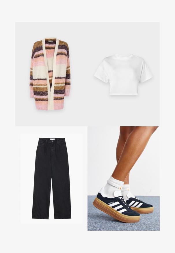 Cardigan multicolore avec de larges rayures rose, crème, marron et violet. Texture tricotée, devant ouvert et manches longues.; T-shirt blanc court en coton. Manches courtes, col rond, texture lisse, design décontracté sans motifs ni embellissements.; Jeans en denim noirs taille haute à jambes larges avec fermeture à bouton et zip à l'avant, passants de ceinture et style à cinq poches.; Jambes portant des chaussettes blanches et des baskets Adidas Gazelle noires avec des bandes blanches et des semelles épaisses marron sur un sol recouvert de moquette grise.