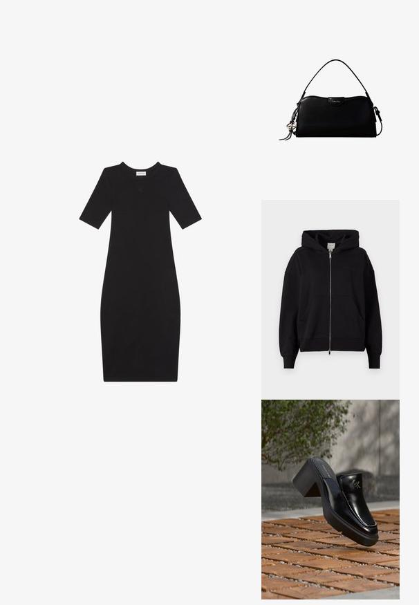Zwarte zip-up hoodie van een katoenmix. Heeft een grote capuchon, frontzakken en geribde manchetten. Minimalistische branding op de borst.; Zwarte knielange strakke jurk met korte mouwen en een ronde halslijn, met een klein logodetail op de borst.; Zwarte leren Calvin Klein slip-on mule met blokhak rustend op houten tegels buiten, vlak bij een groene plant en een grijze muur.; Zwarte rechthoekige Calvin Klein handtas met enkele bovenriem, zilveren logo-ornament en een kleine klepsluiting aan de voorkant.