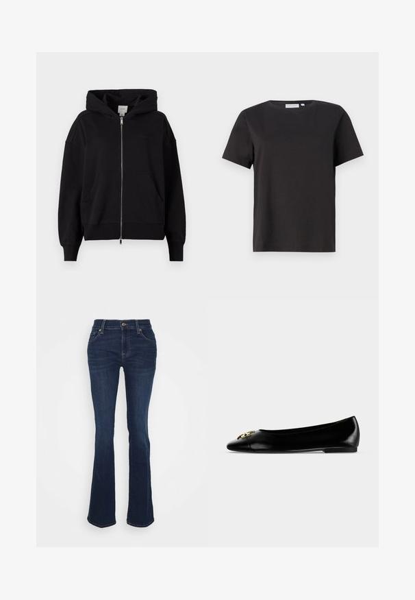 Sudadera con cremallera negra hecha de mezcla de algodón. Presenta una gran capucha, bolsillos frontales y puños acanalados. Branding minimalista en el pecho.; Camiseta de algodón negra con mangas cortas, un escote redondo y un diseño simple y limpio. Sin patrones o adornos visibles.; Vaqueros acampanados de un azul oscuro, fabricados en denim; de cintura alta, con cinco bolsillos, detalles en dorado y una textura suave con un desvanecimiento sutil en los muslos.; Zapato plano de cuero negro con una hebilla decorativa dorada en la puntera redondeada y un tacón bajo sobre un fondo blanco.
