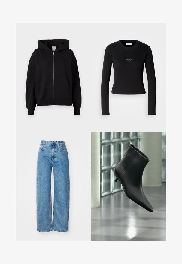 Zwarte zip-up hoodie van een katoenmix. Heeft een grote capuchon, frontzakken en geribde manchetten. Minimalistische branding op de borst.; Zwarte lange mouw top met een getailleerd ontwerp en een klein Calvin Klein-logo op de borst, weergegeven tegen een witte achtergrond.; Lichtblauwe denim wijde jeans met hoge taille, rafelrand en vijf zakken. De verslete textuur voegt diepte toe aan de stof.; Zwarte leren enkellaars met spits toelopende neus en lage kittenhak, schuin weergegeven tegen een gepolijste vloer en een glazen blokken muur als achtergrond.