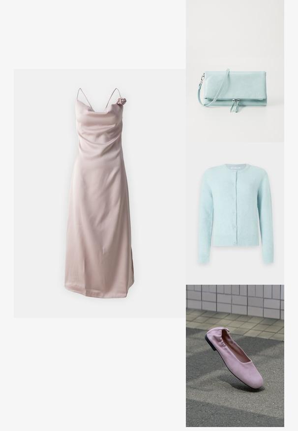 Lyseblå cardigan lavet af blødt materiale, med rund halsudskæring, lange ærmer og fem knaplukninger foran.; Satin sundress i lys pink med tynde stropper og en draperet halsudskæring, prydet med en roseaccent på venstre skulder.; Enkel lyserød balletsko med elastisk bagstykke og rund tå, der svæver over grå asfalt nær en flisebelagt væg.; Lyseblå, struktureret imiteret læderpung med lynlås, aftagelig rem og to dekorative lynlåsdragter på forsiden.