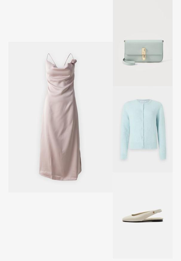 Cardigan bleu clair en matériau doux, avec un col arrondi, des manches longues et cinq boutons à l'avant.; Robe fluide en satin de couleur rose pâle avec des fines bretelles et un décolleté drapé, ornée d'une accent en forme de rose sur l'épaule gauche.; Chaussure plate slingback en cuir couleur crème avec un bout arrondi et un petit emblème doré sur la bride.; Pochette en cuir bleu clair avec fermoir rectangulaire doré et sangle de poignet amovible sur fond blanc.