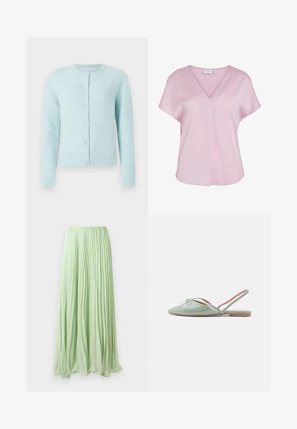 Cardigan bleu clair en matériau doux, avec un col arrondi, des manches longues et cinq boutons à l'avant.; Blouse rose pâle à manches courtes avec un décolleté en V et une coupe ample, en tissu lisse, avec un petit pli décoratif à l'avant.; Jupe longue plissée vert clair avec un tissu fluide et une taille élastique, présentée sur un fond blanc.; Chaussure plate brillante vert pâle à bout pointu avec bride arrière et petit nœud décoratif sur le dessus, vue de profil sur fond blanc.