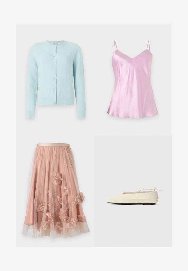 Lyseblå cardigan lavet af blødt materiale, med rund halsudskæring, lange ærmer og fem knaplukninger foran.; Lyserød satin camisole med tynde, justerbare spaghetti-stropper og en let V-udskæring, vist mod en ensartet hvid baggrund.; Tylskørt i blød lyserød med satinbånd i taljen. Har lag af gennemsigtigt stof og tredimensionelle blomsterapplikationer over det hele.; Cremefarvede flade sko med rund tå, ankelrem og kontrasterende sort gummisål. Glat materiale med minimal detaljer.