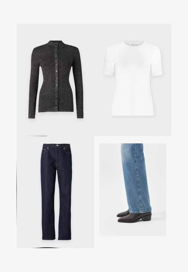 Gilet noir à côtes en matériau texturé, doté d'un col haut, de manches longues et d'une rangée de six boutons coordonnés sur le devant.; T-shirt blanc à manches courtes avec col rond, coupe slim et texture de tissu côtelé, présenté sur un fond uni gris clair.; Jean en denim bleu foncé avec une coupe droite, dotée d'une fermeture à bouton et à glissière, d'un design à cinq poches et de détails de surpiqûres contrastées.; Bottines en cuir marron avec un bout pointu et un petit talon, associées à un jean droit bleu clair, mettant en avant un design épuré et simple.