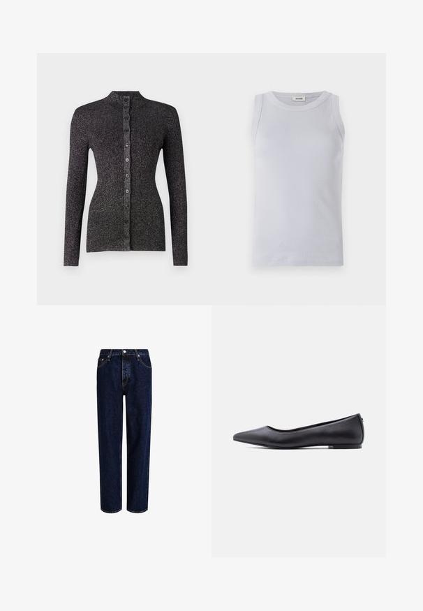 Gilet noir à côtes en matériau texturé, doté d'un col haut, de manches longues et d'une rangée de six boutons coordonnés sur le devant.; Débardeur à côtes bleu clair avec un col rond. Texture lisse et design sans manches, comportant une étiquette de marque discrète sur le col.; Jeans en denim bleu foncé avec une coupe droite, dotés d'une taille haute, d'un style à cinq poches et de coutures contrastantes. Sans embellissements.; Chaussure plate en cuir noire à bout pointu avec petit talon, vue de profil sur fond blanc.