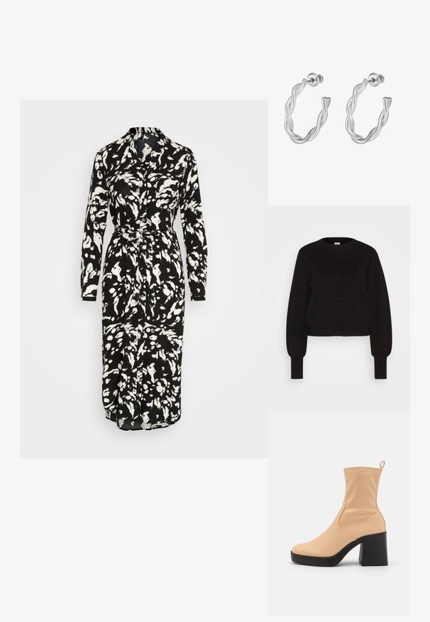 Schwarze Strickjacke mit rundem Halsausschnitt, langen Ärmel und Knopfverschluss. Hat einen gerippten Saum und Ärmelbündchen für zusätzliche Textur.; Vero Moda VMEASY LONG V NECK SHIRT DRESS - Maxikleid - black cila; Beige Knöchelstiefel aus glattem Material mit runder Spitze, elastischer Seite und einem dicken schwarzen Blockabsatz. Mit einer Schlaufe an der Rückseite.; Gewundene silberne Creolen mit einer glatten Oberfläche und einer Pousette-Verschluss, die ein modernes, verflochtenes Design zeigen.
