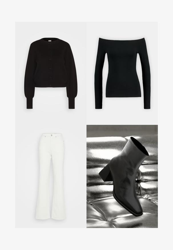 Cárdigan negro de punto con cuello redondo, mangas largas y cierre de botones. Presenta un dobladillo y puños acanalados para dar textura.; Top negro de manga larga con diseño off-the-shoulder. Hecho de una tela suave, presenta una forma ajustada y una construcción sin costuras.; Pantalones vaqueros de campana blancos hechos de denim de algodón, con cintura alta, cierre de botón y cuatro bolsillos con una textura suave.; Botín negro de tobillo hecho de material brillante, con punta cuadrada y tacón cónico, contra un fondo plateado brillante con almohadillado.
