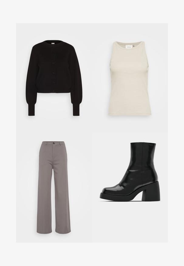 Sort strikket cardigan med rund hals, fuldlængde ærmer og knaplukning. Har en ribbet kant og manchetter for tekstur.; Lys beige tank top lavet af ribbestrikket stof med en rund halsudskæring og ærmeløs design. Har en diskret mærkeetiket indeni.; Bredde bukser i et blødt gråt stof. Har en knaplukning og rene sømme. Glat tekstur uden synlige mønstre eller udsmykninger.; Sorte ankelstøvler med en blank finish, firkantet tå og en tyk blokhæl. Designet har en strømlinet silhuet og minimal branding.