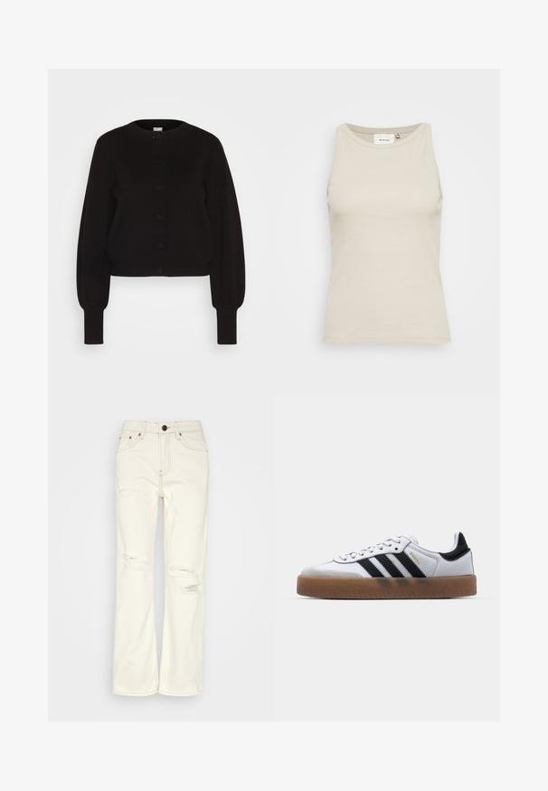 Sort strikket cardigan med rund hals, fuldlængde ærmer og knaplukning. Har en ribbet kant og manchetter for tekstur.; Lys beige tank top lavet af ribbestrikket stof med en rund halsudskæring og ærmeløs design. Har en diskret mærkeetiket indeni.; BDG Urban Outfitters STRAIGHT - Jeans Straight Leg - ecru; Hvide lædersneakers med sorte striber, gummirubber sål, rund tå, snørelukning og blød grå ruskinds tåhætte.