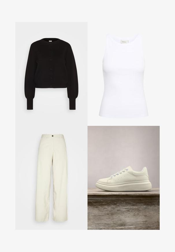 Sort strikket cardigan med rund hals, fuldlængde ærmer og knaplukning. Har en ribbet kant og manchetter for tekstur.; Hvid ribbet tanktop med rund halsudskæring og uden ærmer. Strækbart stof og tætsiddende design. Etiketten bagpå viser "GESTUZ."; Weekday ELIO - Bukser - beige dusty light; Hvid lædersneakers med rund tå, glat tekstur og kontrasterende snørebånd. Har ventilationshuller og en tyk gummisål for komfort.