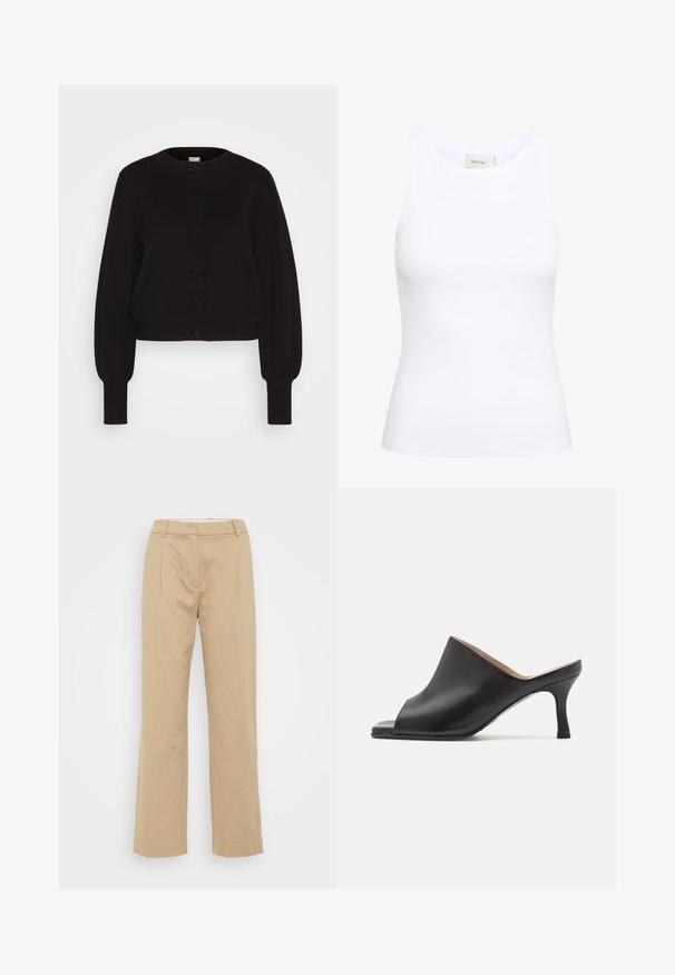 Sort strikket cardigan med rund hals, fuldlængde ærmer og knaplukning. Har en ribbet kant og manchetter for tekstur.; Hvid ribbet tanktop med rund halsudskæring og uden ærmer. Strækbart stof og tætsiddende design. Etiketten bagpå viser "GESTUZ."; Beige vidde bukser lavet af et tekstureret stof, med en mellemhøj talje, frontfolder og et strømlinet design.; Selected ASHLEY - Mules med hæl - black