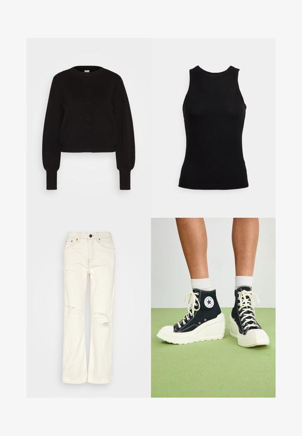 Sort strikket cardigan med rund hals, fuldlængde ærmer og knaplukning. Har en ribbet kant og manchetter for tekstur.; YAS YASRACCI - Top - black; BDG Urban Outfitters STRAIGHT - Jeans Straight Leg - ecru; Sorte højtop sneakers med en hævet hvid platform sål, der har hvide snørebånd og en rund logo lap på siden. Tekstureret canvas materiale.