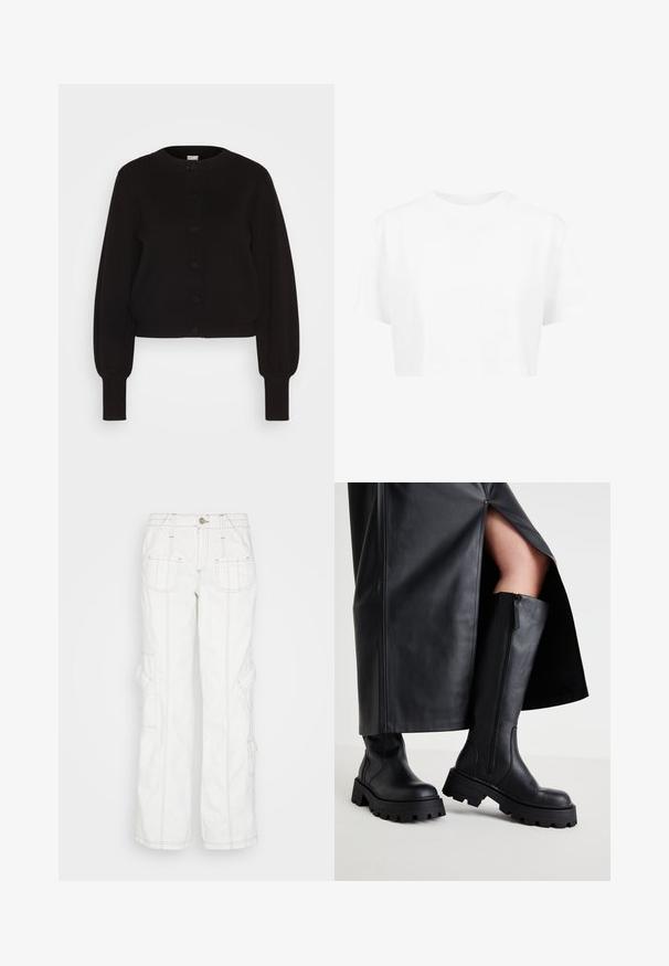 Zwarte gebreide cardigan met een ronde halslijn, lange mouwen en knoopsluiting. Heeft een geribbelde zoom en manchetten voor textuur.; Witte cropped t-shirt, korte mouwen, ronde halslijn, gemaakt van gladde stof, zonder zichtbare patronen of opvallende hardware.; BDG Urban Outfitters Relaxed fit jeans - white; Zwarte kniehoge laarzen met een chunk-zool, een gladde leren textuur, een rits aan de zijkant en een minimalistisch ontwerp, gecombineerd met een zwart rokje met een split.