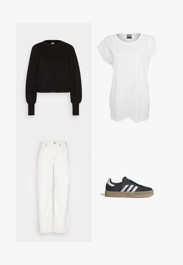Cárdigan negro de punto con cuello redondo, mangas largas y cierre de botones. Presenta un dobladillo y puños acanalados para dar textura.; Camiseta blanca de manga corta hecha de algodón, con un corte relajado, cuello ancho y un diseño minimalista sin patrones ni adornos.; BDG Urban Outfitters LOGAN CINCH - Vaqueros rectos - white; Zapatilla deportiva de cuero negro con tres rayas plateadas, punta texturizada y suela de goma. Cuenta con un collar acolchado y un diseño con cordones.