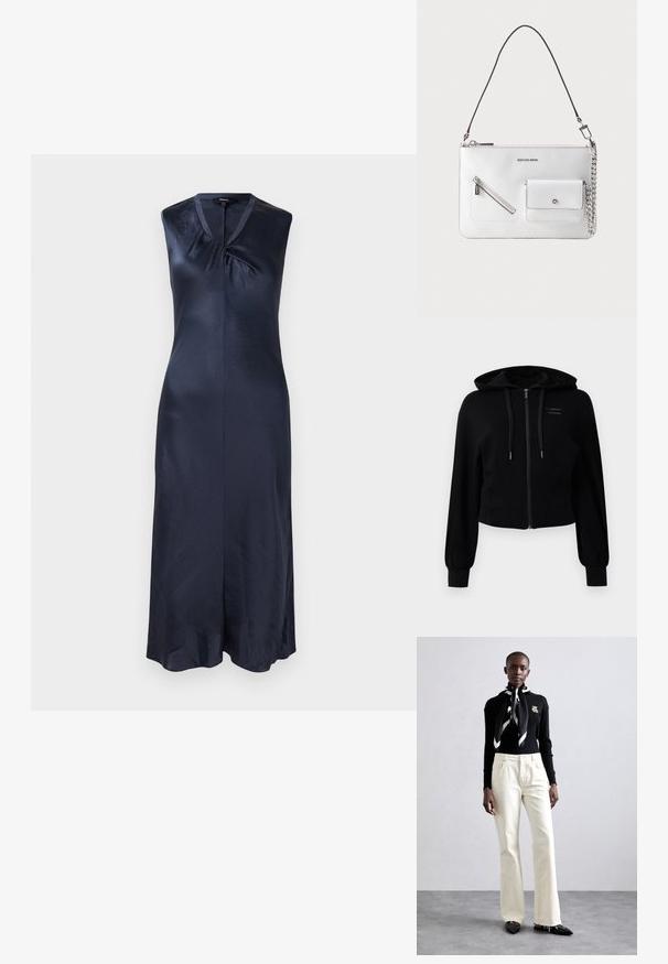 Moderne sort zip-up hoodie lavet af blødt stof, med hætte, let cropped design og ribbet manchetter med logodetalje.; Marineblå ærmeløs kjole lavet af glat stof, med V-udskæring og en subtil midterfolder; gulvlængde med lige snit.; Sort ribbet sweater med en nål, cremet viddebukser og et sort-hvidt mønstret tørklæde. Modellen har sorte sko med spidse tæer.; Hvid læderhåndtaske med aftagelig sort rem, forreste lynlåslomme og lille sølvfarvet lomme med kædedetalje.