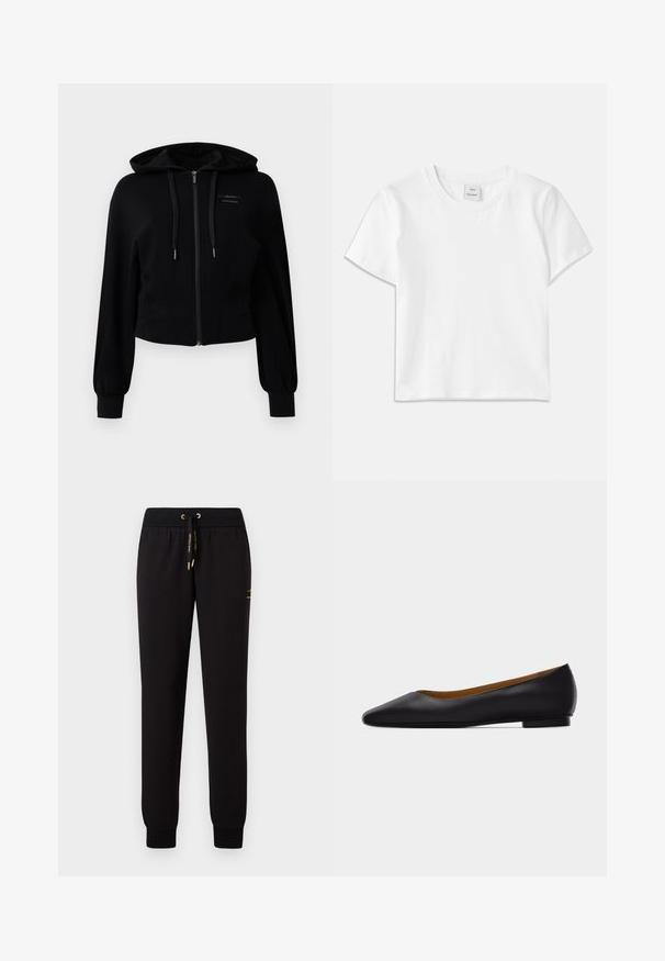 Moderne sort zip-up hoodie lavet af blødt stof, med hætte, let cropped design og ribbet manchetter med logodetalje.; Hvid bomulds-t-shirt med rund hals, korte ærmer og lige kant. Mærke med teksten "Won Hundred" placeret i midten af halsudskæringen.; Sorte sweatpants med en tætsiddende pasform, elastisk talje, snoretræk i guld og ribbede manchetter; har et lille logo på forsiden.; Sort læder flad sko med spids tå, lav hæl og glat finish, vist fra siden på en lysegrå baggrund.