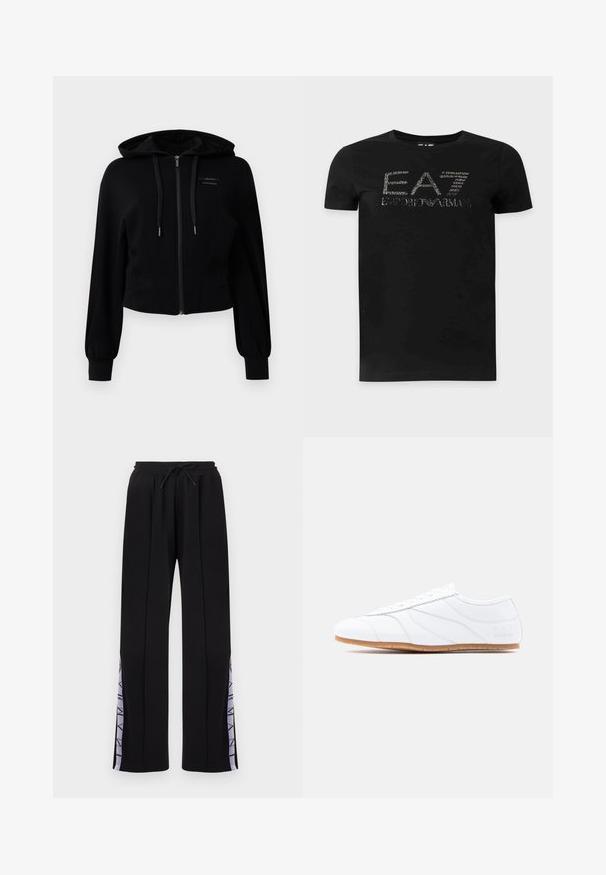 Moderne sort zip-up hoodie lavet af blødt stof, med hætte, let cropped design og ribbet manchetter med logodetalje.; Sort T-shirt med korte ærmer og rund hals med tekstureret hvid EA7 Emporio Armani-logo centreret på brystet.; Sorte sweatpants med lige ben, elastisk talje og snøre, med lavendelfarvede sidepaneler med teksten "ARMANI".; Hvid lavtstående sneaker med snøresystem, glat læderoverdel, diskrete syninger og lysbrun gummisål.