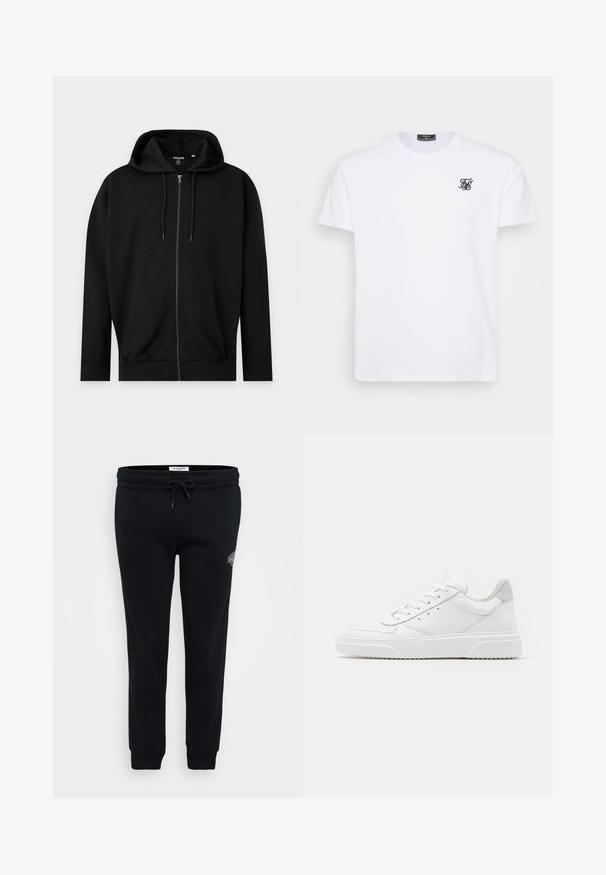 Sweat à capuche noir zippé avec poches avant, capuche à cordon de serrage et poignets et ourlet côtelés sur un fond clair uni.; T-shirt en coton blanc avec un col rond. Présente un petit logo brodé noir sur la poitrine. Manches courtes et coupe droite.; Pantalons de survêtement noirs en tissu doux, dotés d'une taille élastique, d'un cordon de serrage, de poches latérales et d'un petit logo sur la hanche.; Des baskets en cuir blanc avec une finition lisse, un bout rond, des lacets plats et une semelle texturée. Accents en daim gris au niveau du talon.
