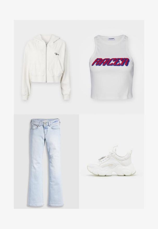 Hoodie zippé blanc coupé avec capuche, en tissu texturé. Comprend deux poches avant et un logo brodé sur la poitrine gauche.; Débardeur court blanc côtelé avec le mot "RACER" en lettres épaisses rouges et bleues sur le devant.; Jean évasé en denim bleu clair à taille haute, avec fermeture à boutons, cinq poches et un léger effet froissé au niveau des hanches.; Baskets blanches chunky en cuir et mesh, dotées d'une semelle épaisse, d'un bout arrondi et de lacets décoratifs. Accents légèrement texturés.