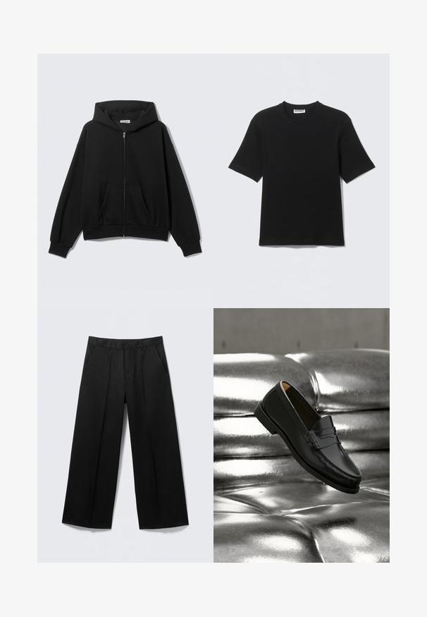 Sweat à capuche noir zippé avec poches avant, manches longues et capuche, présenté sur un fond uni clair.; T-shirt noir à manches courtes avec col rond, portant une étiquette "WEEKDAY" à l'intérieur du col, présenté à plat sur un fond clair.; Pantalon large noir avec passants pour ceinture, poches avant et fermeture éclair, présenté sur un fond gris clair.; Mocassin en cuir noir flottant au-dessus d'un canapé en cuir argenté brillant matelassé à boutons dans un décor minimaliste.