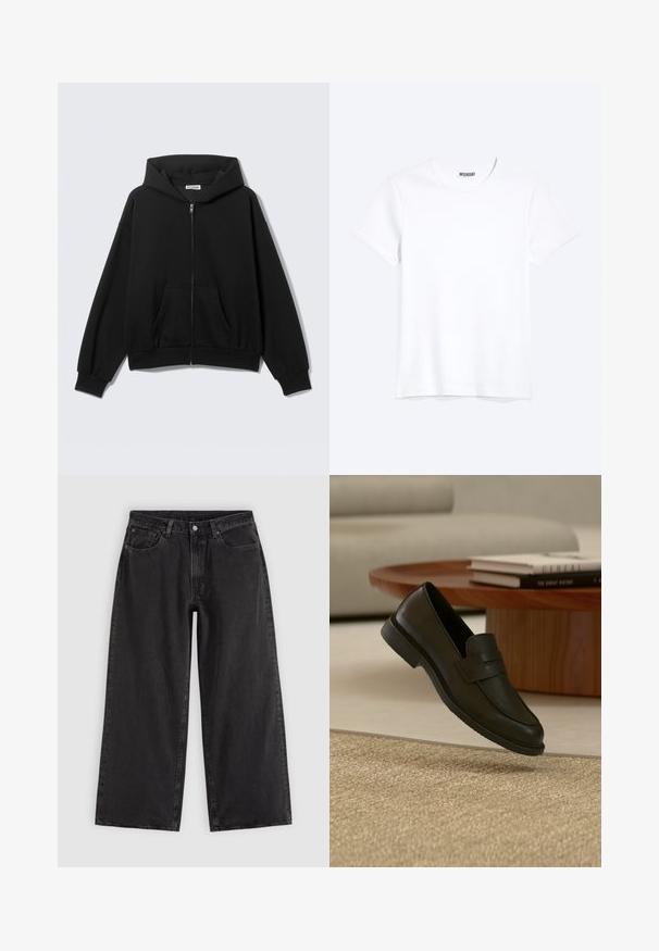 Sweat à capuche noir zippé avec poches avant, manches longues et capuche, présenté sur un fond uni clair.; T-shirt blanc uni à manches courtes et col rond avec une étiquette de la marque WEEKDAY visible au niveau du col, présenté sur un fond clair.; Jean en denim noir à jambes larges avec poches avant, passants pour ceinture et fermeture par boutons, présenté sur un fond clair uni.; Chaussure mocassin en cuir noir présentée en suspension au-dessus d'un tapis beige tissé, avec une table en bois et des livres empilés dans un salon doucement éclairé.